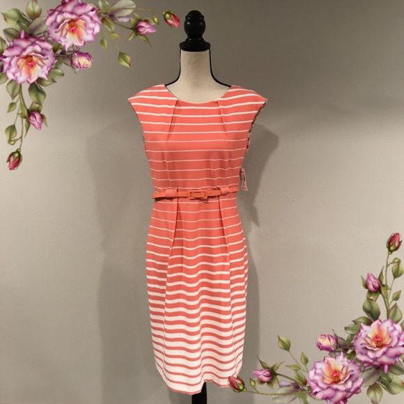 connected apparel Dresses & Skirts - MAKE AN OFFER ;) Striped salmon and white colors dress with belt
